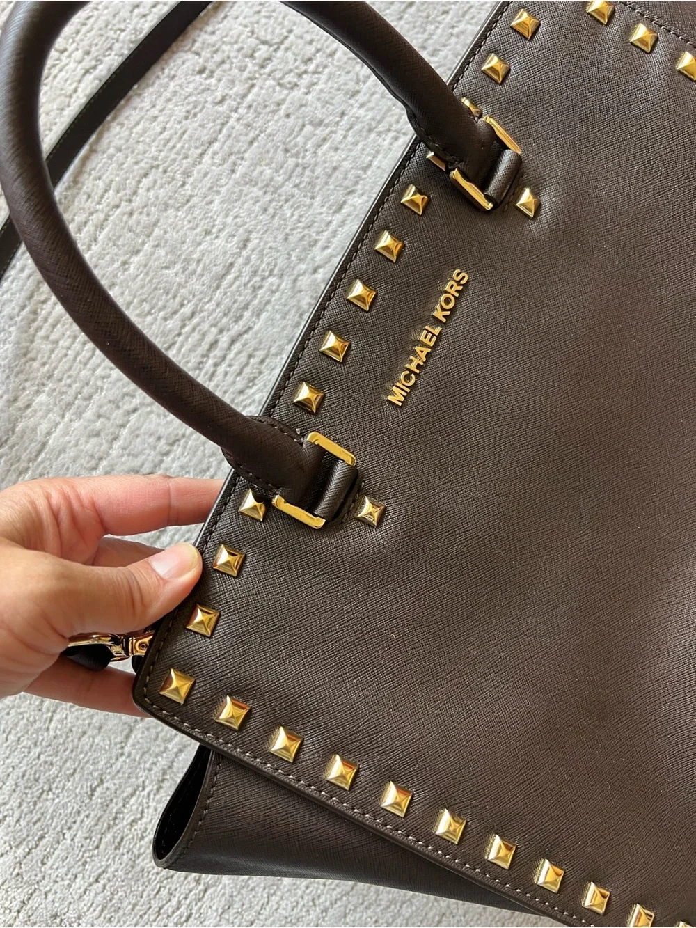 Michael Kors Dark Brown Saffiano Studded Tote with Gold Hardware